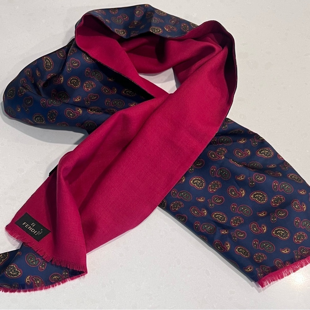 Fendi FF Italian Reversible Navy Paisley‎ Silk/ Burgundy Wool Scarf